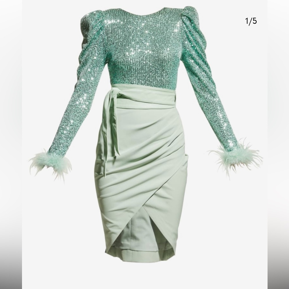 Lavish Alice Mint Sequin Dress with Feather Details